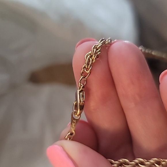 Goldtone chain necklace with faux pearls and navy blue with gold disc's pendant - Picture 4 of 5